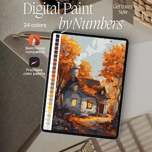 May include: A digital paint by numbers set displayed on a tablet screen, featuring a stone cottage surrounded by autumn trees in shades of orange and yellow. The interface includes a numbered 24-colour palette, Sketchbook compatible, and Procreate colour palette.