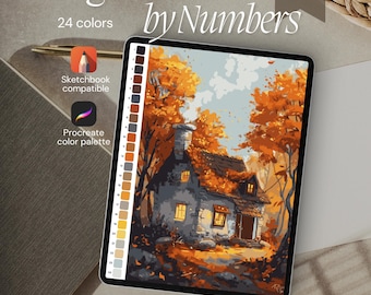 May include: A digital paint by numbers set displayed on a tablet screen, featuring a stone cottage surrounded by autumn trees in shades of orange and yellow. The interface includes a numbered 24-color palette, Sketchbook compatible, and Procreate color palette.
