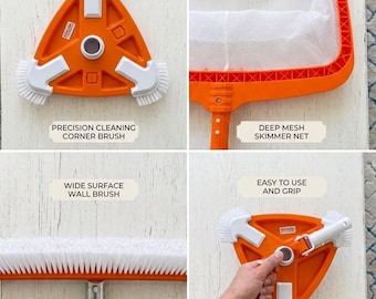 Juego de herramientas para la limpieza de piscinas: skimmer, red, cepillo, cabezal de aspiradora, kit de mantenimiento de piscinas de alta resistencia.