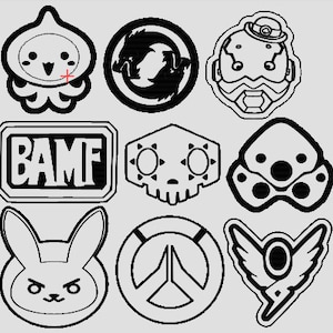 May include: Nine black and white Overwatch character icons. The icons include a skull, a dragon, a bunny, a peace sign, a robot, a creature with wings, and a creature with tentacles. The text "BAMF" is also included.