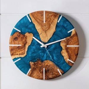 Custom Epoxy & Olive Wood Wall Clock, Unique Live Edge Rustic Wall Clock, Made to order Resin and Wooden Wall Clock, Christmas Gifts