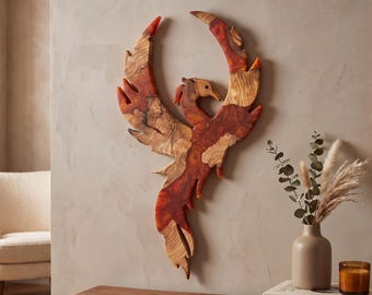 Wooden Phoenix Wall Art, Resin & Olive Wood Bird Decor, Black Wall Hanging, Custom Color Available, Modern Rustic Home Decor, Christmas Gift