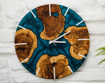 Resin & Olive Wooden Wall Clock, Epoxy Wall Clock, Modern Handmade Wall Clock, Clocks for Wall Unique, Large Wall Clock, Mother's Day Gifts