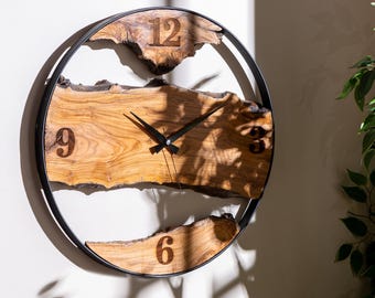 Handmade Olive Wood Metal Wall Clock – Live Edge Modern Rustic Décor, Christmas Gifts