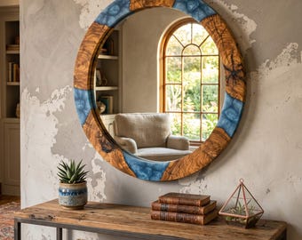 Custom Resin Wooden Wall Mirror, Handmade Epoxy Mirror, Large Round Mirror, Housewarming Gift, Decorative Bathroom Mirror, Christmas Gifts