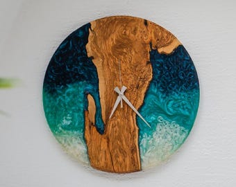 Handmade Epoxy & Olive Wood Wall Clock, Housewarming Gifts, Mother's Day Gifts