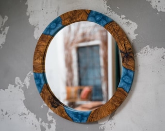 Custom Epoxy and Olive Wood Decorative Mirror, Wall Resin Mirror, Round Mirror, Live Edge Mirror, Gift for Her, Mother's Day Gift, Epoxy Art