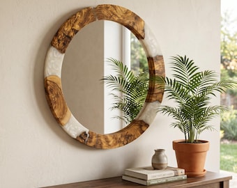 Custom Resin Wooden Wall Mirror, Handmade Epoxy Mirror, Large Round Mirror, Housewarming Gift, Decorative Bathroom Mirror, Christmas Gifts