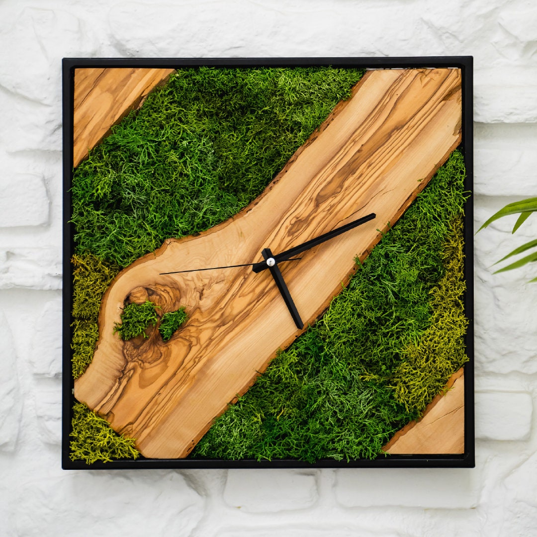 Moss & Olive Wood Wall Clock, Moss Wall Decor, Modern Moss Wall Art ...