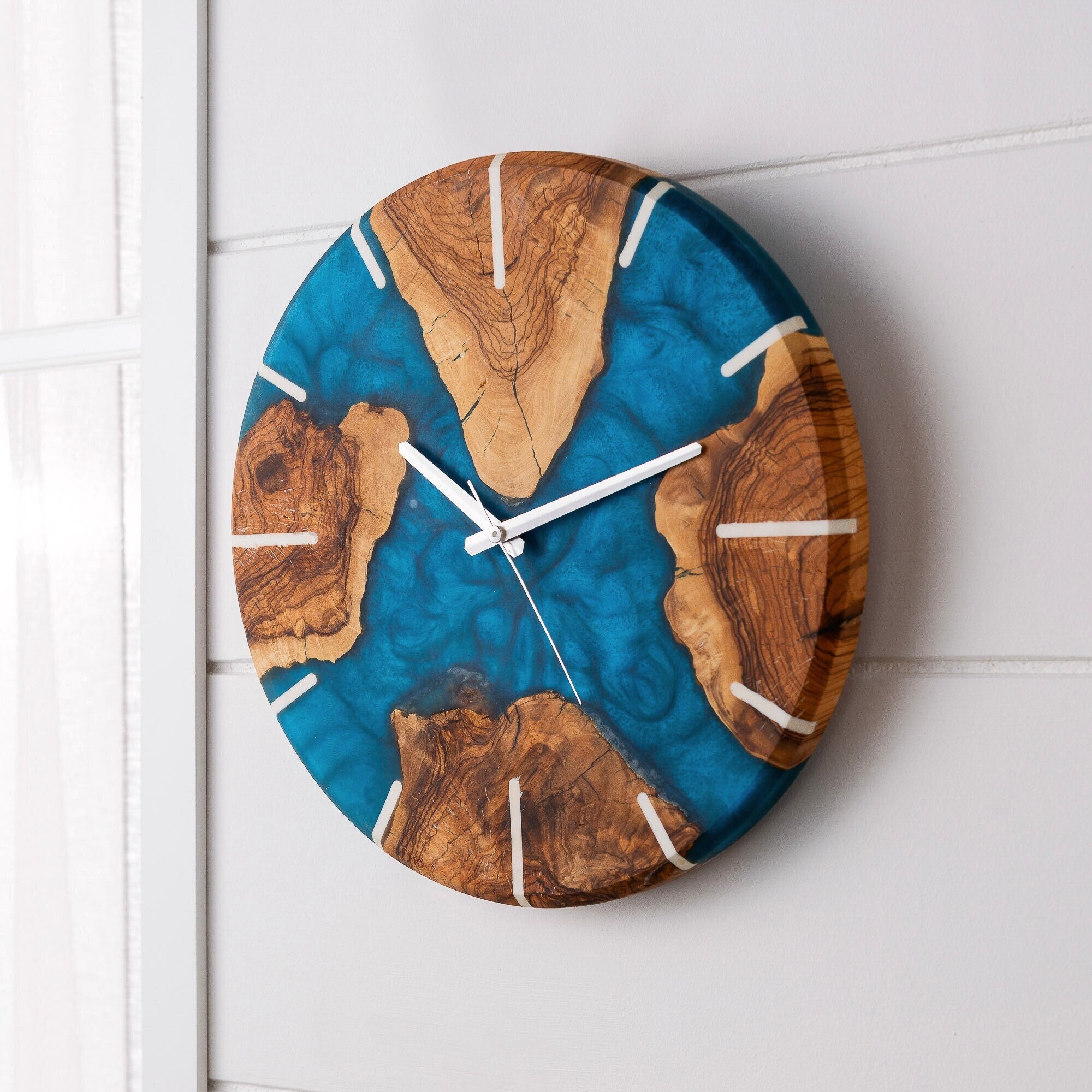 Custom Epoxy & Olive Wood Wall Clock, Unique Live Edge Rustic Wall ...
