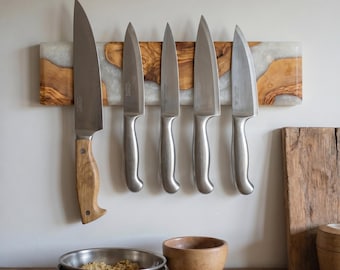 Handmade Resin & Olive Wood Magnetic Knife Holder: Kitchen Knife Display, Christmas Gifts, Halloween Gifts