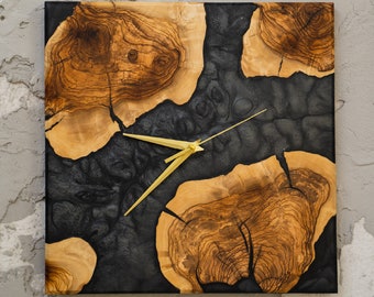 Horloge murale en bois et résine, horloge murale époxy, cadeaux de pendaison de crémaillère uniques, horloge murale carrée, grande horloge murale, horloge surdimensionnée, cadeaux de fête des mères