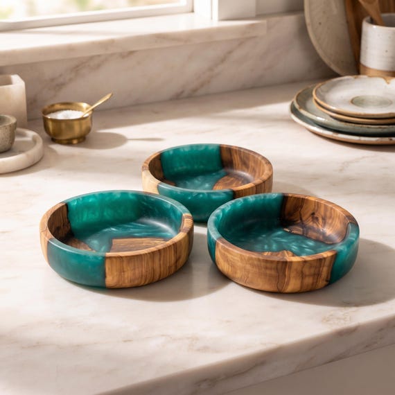Olive wood sliced and filled with epoxy resin creates a striking natural-meets-modern trinket dish that looks like something from a design boutique.