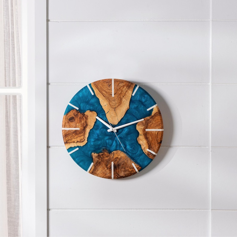 Epoxy & Olive Wood Wall Clock, Large Resin Wall Clock, Oversized Wooden ...