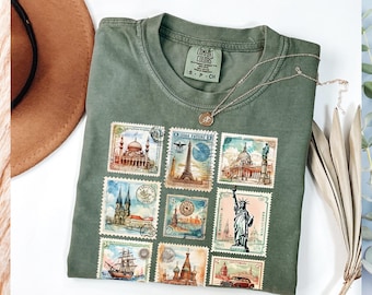 Vintage Travel Shirt for Women Retro Comfort Colors® Women's Europe Trip Shirt Trendy Vintage Stamp Paris Tee Gift for Wife Travel Mom Shirt