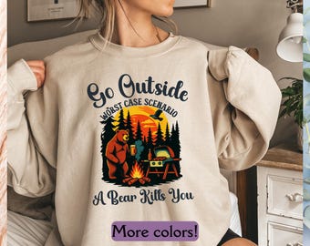 Sweat-shirt de randonnée en coton, chemise de camping amusante, sweat-shirt aventurier, haut toucher herbe, haut ours, col rond, cadeau de randonnée
