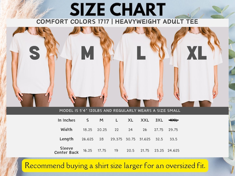 K&ouml;nnte beinhalten: Gr&ouml;&szlig;entabelle f&uuml;r ein schweres T-Shirt f&uuml;r Erwachsene in den Gr&ouml;&szlig;en S, M, L, XL, XXL, 3XL. Die Tabelle zeigt die Ma&szlig;e in Zoll f&uuml;r Breite, L&auml;nge, &Auml;rmel und R&uuml;ckenmitte. Das Model ist 1,63 m gro&szlig; und wiegt 54 kg und tr&auml;gt Gr&ouml;&szlig;e S. Die Tabelle empfiehlt, eine Nummer gr&ouml;&szlig;er zu bestellen, um einen Oversize-Look zu erhalten.