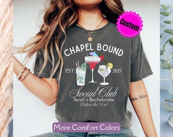 Camiseta personalizada para el club social nupcial, camiseta de lujo personalizada Comfort Colors® para despedida de soltera en destino, regalo de boda con cuello redondo, camiseta para despedida de soltera con temática de vino.