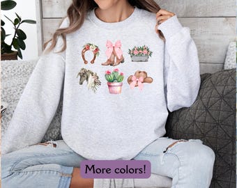 Pink Cowgirl Sweatshirt, Cowgirl Boots Sweater, Cowgirl Hat Sweatshirt, Country Concert Top, Cute Country Sweatshirt, Cowgirl Bow Sweater