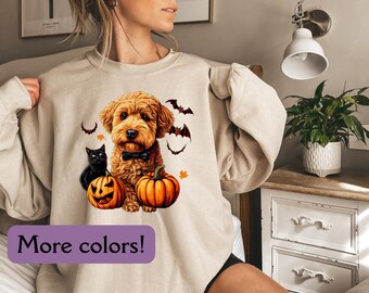 Halloween Doodle Dog Sweatshirt, Goldendoodle Lover Sweatshirt, Dog and Cat Top, Doodle Mama Sweatshirt, Dog Lovers Gift, Black Cat Dog Mom