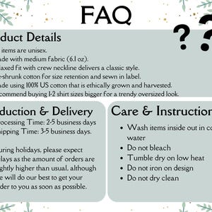 Puede incluir: Imagen con el texto "FAQ" en la parte superior, seguida de detalles del producto, informaci&oacute;n de producci&oacute;n y entrega e instrucciones de cuidado. Los detalles del producto incluyen informaci&oacute;n sobre la tela, el ajuste y el material. Las instrucciones de cuidado incluyen pautas de lavado y secado.