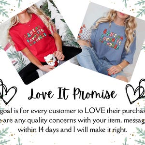 May include: Two t-shirts, one red and one blue, each with the text "SANTA'S FAVORITE LED NURSE" in colorful letters. The shirts are part of a Christmas-themed collection. The image also includes the text "Love It Promise".