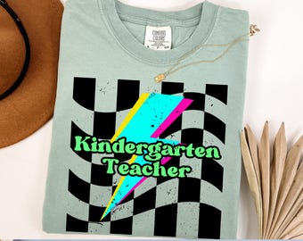 Retro Kindergarten Teacher Shirt, Comfort Colors® Neon Kindergarten Teacher T Shirt, Kinder Teacher Tee, Retro Back to School Kinder Gift