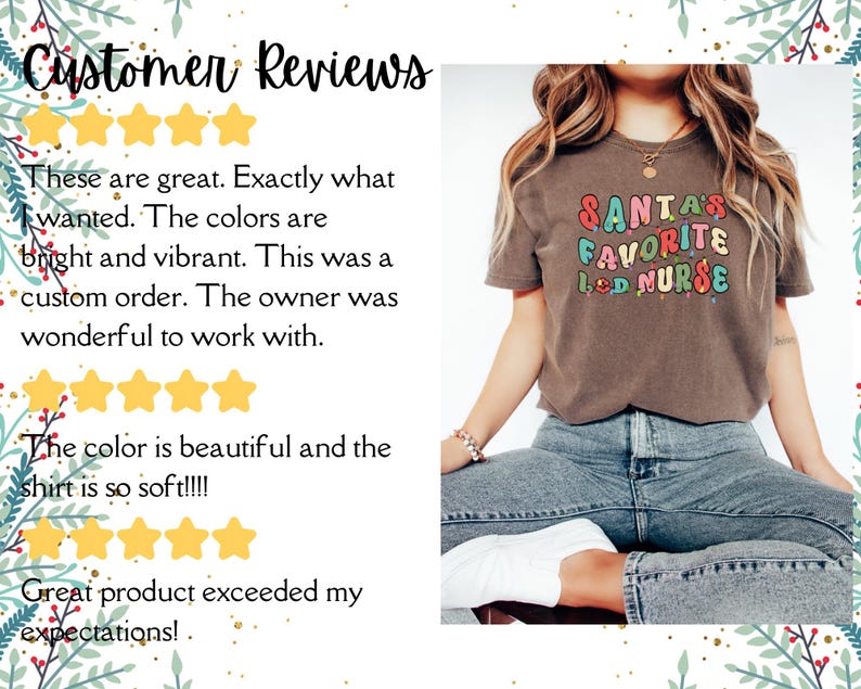 May include: A brown t-shirt with the text "Santa's Favorite LED Nurse" in colorful letters. The shirt is worn with blue jeans. Customer reviews are displayed on the left side of the image, with text and star ratings.