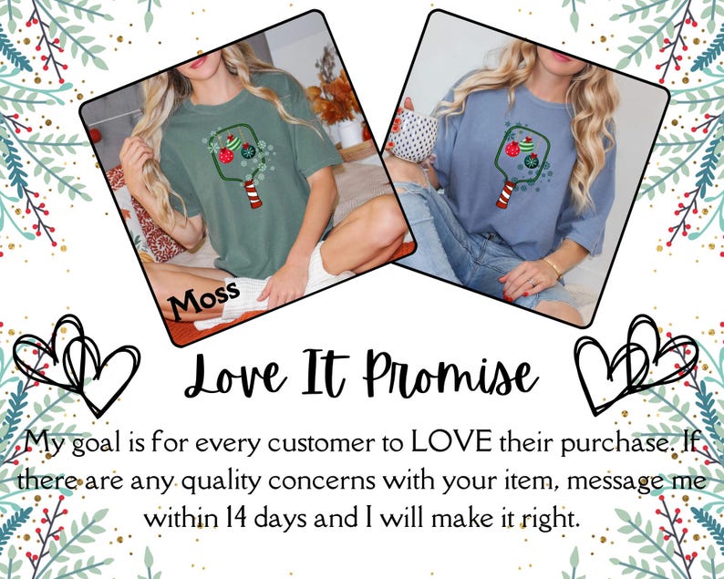 Puede incluir: Dos mujeres con camisetas con un dise&ntilde;o de raqueta de pickleball. Una camiseta es verde musgo, la otra azul. El texto "Love It Promise" se muestra debajo, junto con una garant&iacute;a de satisfacci&oacute;n del cliente.