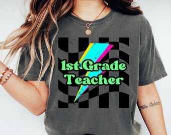 Retro 1st Grade Teacher Shirt Comfort Colors® Neon First Grade Teacher T Shirt Elementary School 1st Grade Teacher Tee Retro Back to School