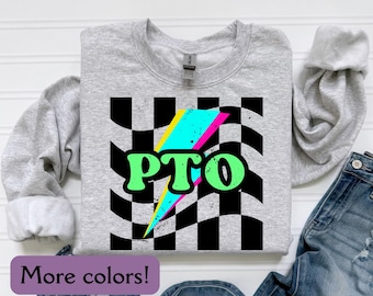 Retro PTO Sweatshirt, Neon pto Sweatshirt, Elementary pto Top, Checkerboard pto Gift, Back to School pto Gift, Elementary Parent Sweatshirt