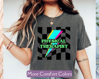 Retro Comfort Colors® Physical Therapist T-Shirt, Retro Lightning PT Shirt, Vintage 80s Physical Therapist Tee, Neon Physical Therapy Gift