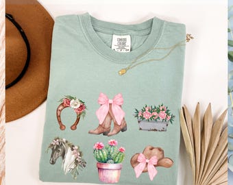 Pink Cowgirl Shirt, Comfort Colors® Cowgirl Boots, Cowgirl Hat Shirt, Country Concert Tee, Western Tee, Cute Country Shirt Cowgirl Bow Shirt