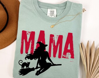 Mama Witch Halloween Shirt, Spooky Mom TShirt, Witch and Cat Broomstick Design, Halloween Lover Gift for Moms, Witchy Mama Fall Shirt