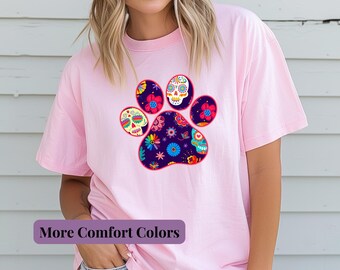 Dia de los Muertos Dog Paw Print Shirt - Halloween Dog T-Shirt, Comfort Colors®, Veterinarian & Dog Mama Gift, Spooky Dog Lovers Tee