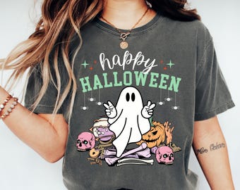 Ghost Halloween T-Shirt, Cute Ghost Peace Sign, Spooky Skull Pumpkin, Fun Apothecary Tee, Halloween Party Shirt, Cute Ghost, Spooky Ghost