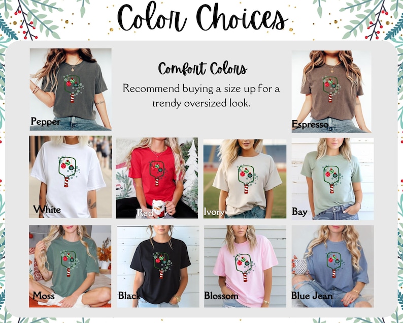 Puede incluir: Gr&aacute;fico que muestra camisetas en varios colores, incluyendo pimienta, espresso, blanco, marfil, bah&iacute;a, musgo, negro, flor y vaquero azul. Cada camiseta presenta un dise&ntilde;o festivo. Tambi&eacute;n se muestra el texto "Color Choices" y "Comfort Colors".