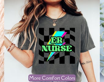 Retro Comfort Colors® ER Nurse T-Shirt, Retro Lightning Emergency Room Nurse Shirt, Vintage 80s Nurse Tee, Funny ER Nursing Gift Nursing Tee