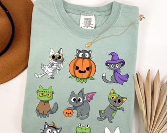 Cute Halloween Cat Shirt, Funny Spooky Cat T Shirt, Witch Cat Shirt, Pumpkin Ghost Cat Tee, Halloween Cat Bat Shirt, Cute Mummy Cat T-Shirt