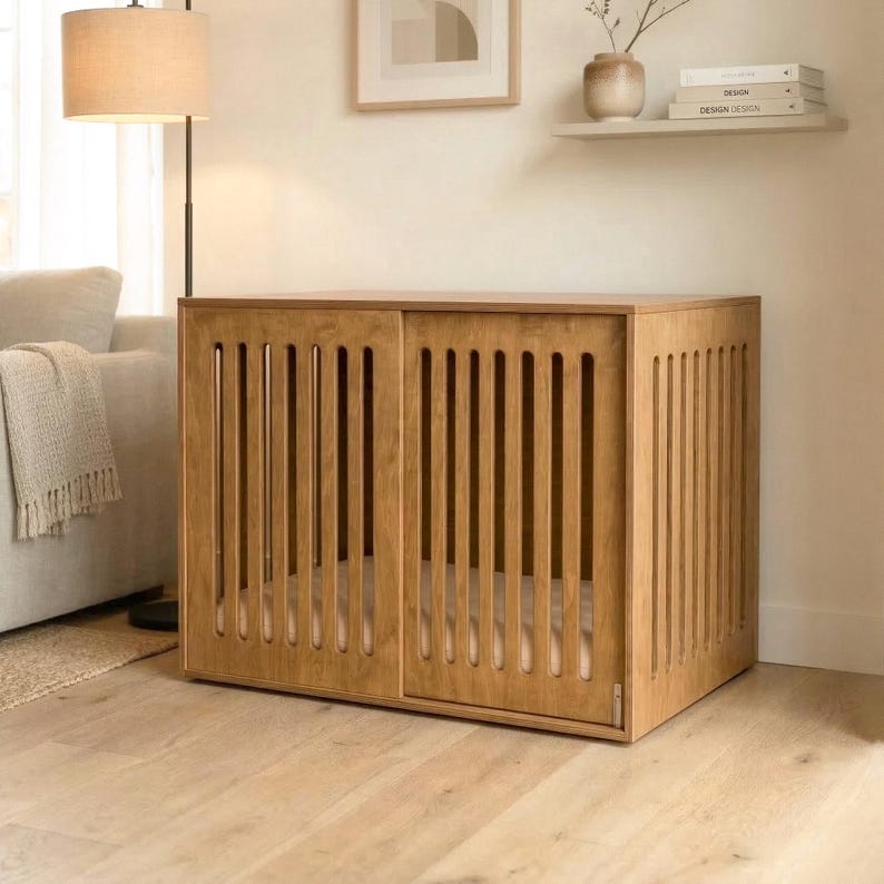 May include: A rectangular wooden pet crate featuring vertical slats on the front and side panels. The structure has a light brown wood grain finish and a smooth top surface. The front consists of two sliding panels with evenly spaced vertical openings.