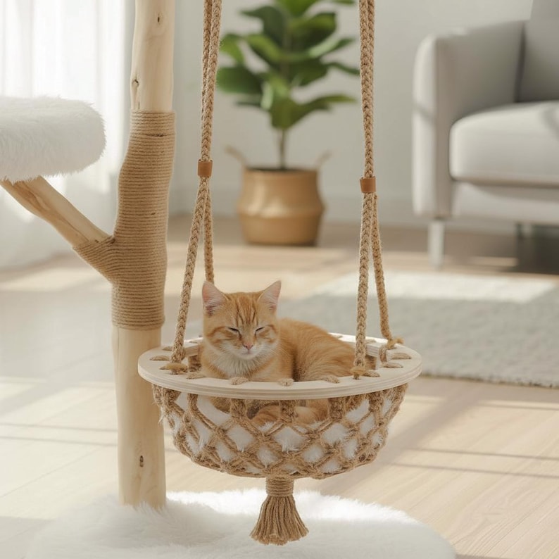 May include: A cat tree with a hanging cat bed. The cat bed is made of woven rope and wood, suspended by braided rope. An orange tabby cat is resting in the bed. The cat tree has a natural wood finish and is set on a white rug.