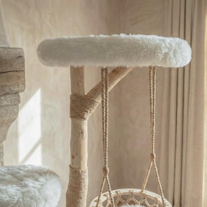 Modern Cat Tree Natural Wood, Tower Furniture with Cozy Hammock and Jute Scratcher image 3