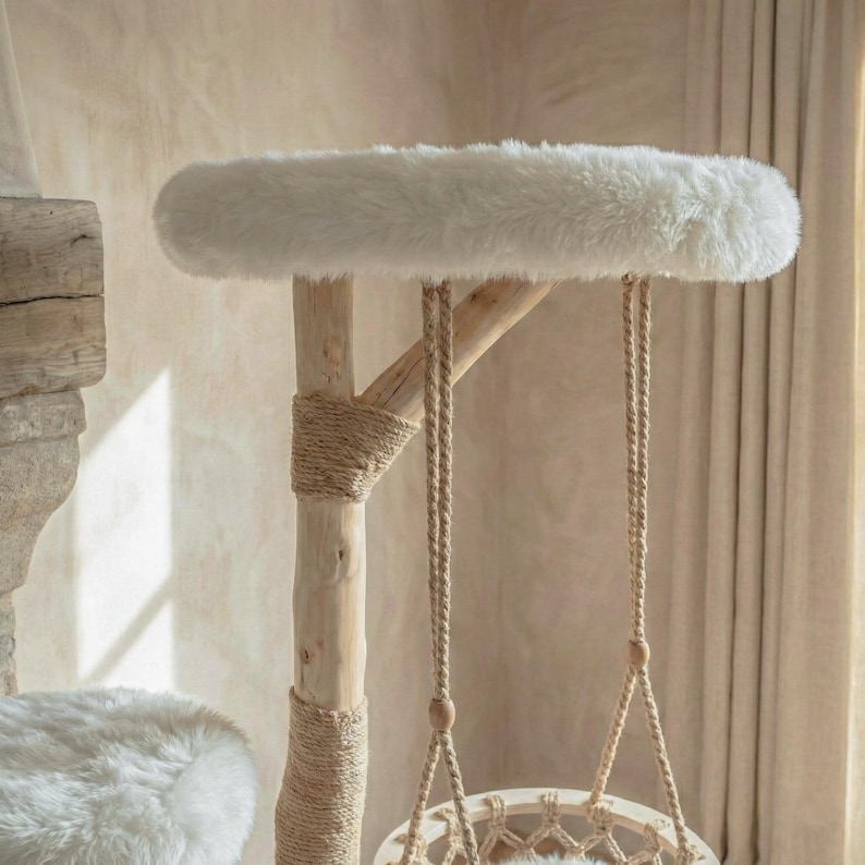 Modern Cat Tree Natural Wood, Tower Furniture with Cozy Hammock and Jute Scratcher image 3