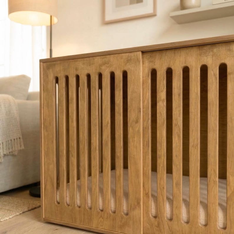 May include: A light brown wooden pet crate featuring vertical slats and a smooth finish. The structure has a rectangular frame with a visible grain pattern, showcasing a clean design with evenly spaced openings between the wooden bars.