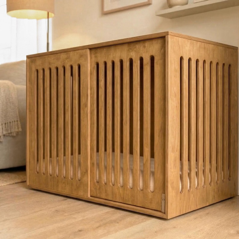 May include: A rectangular wooden pet crate featuring a light brown finish and vertical slats along the front and side panels. The structure includes a sliding door mechanism with a visible metal latch, providing an enclosed space for pets.