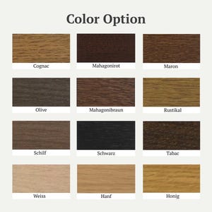 May include: A grid of twelve rectangular wood grain color samples labeled Color Option with the names Cognac, Mahagonirot, Maron, Olive, Mahagonibraun, Rustikal, Schilf, Schwarz, Tabac, Weiss, Hanf, and Honig displayed in a four by three arrangement.