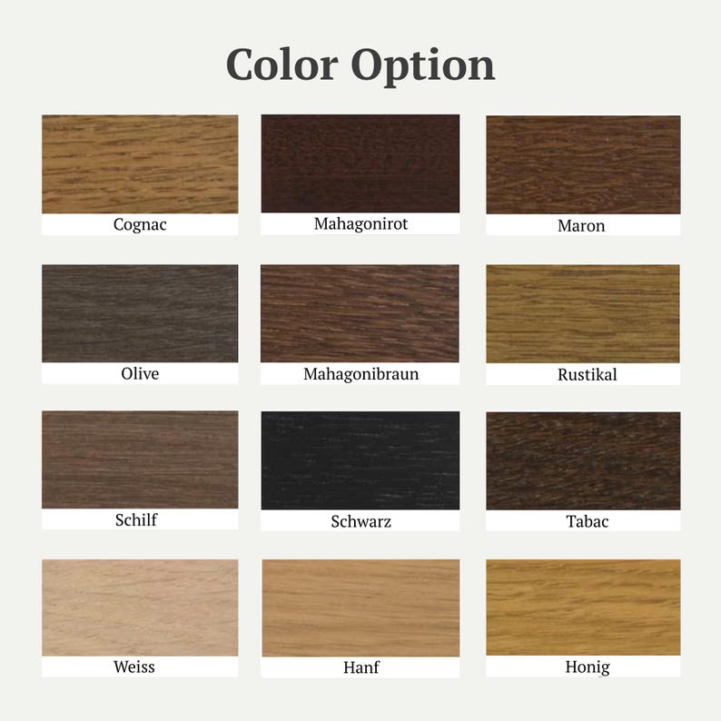 May include: A grid of twelve rectangular wood grain color samples labeled Color Option with the names Cognac, Mahagonirot, Maron, Olive, Mahagonibraun, Rustikal, Schilf, Schwarz, Tabac, Weiss, Hanf, and Honig displayed in a four by three arrangement.