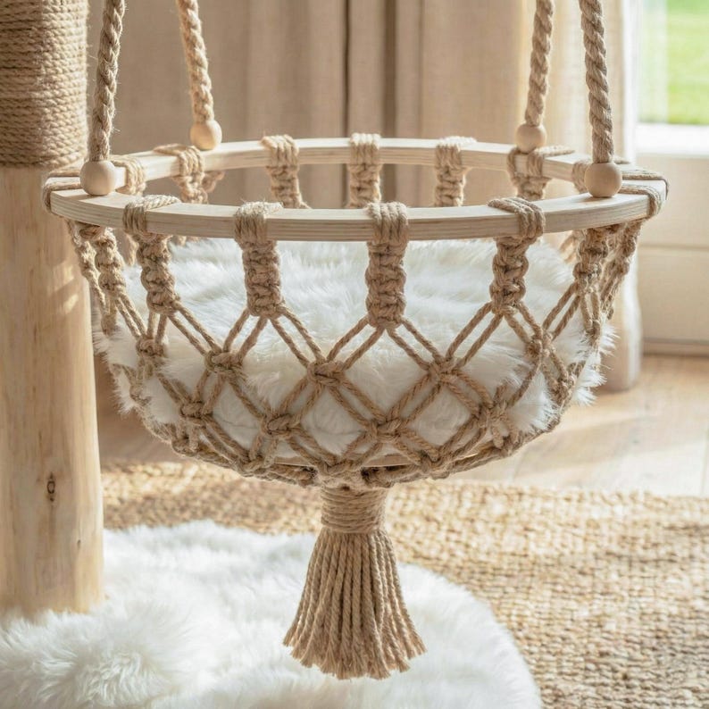 Modern Cat Tree Natural Wood, Tower Furniture with Cozy Hammock and Jute Scratcher image 6