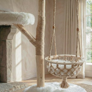 Modern Cat Tree Natural Wood, Tower Furniture with Cozy Hammock and Jute Scratcher image 7