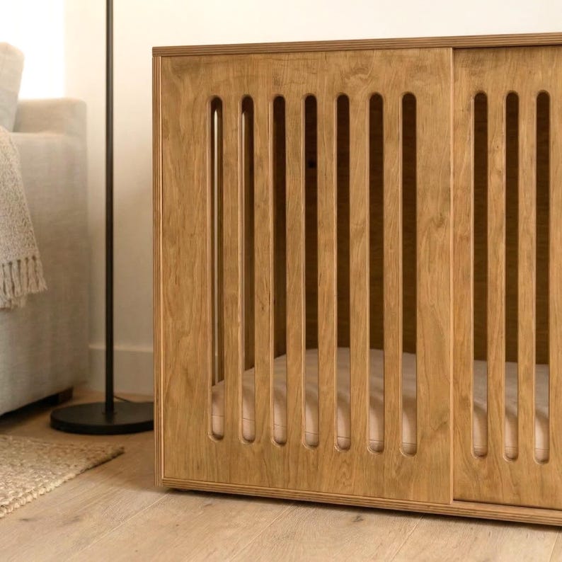Wooden Dog Crate Furniture, Mid Century Plywood Dog Kennel with Sliding Door image 2